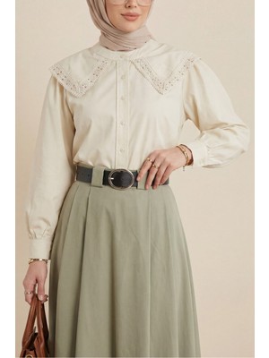 Moda Morfo Bebe Yaka Dantel Detaylı Düğmeli Poplin Gömlek -Bej