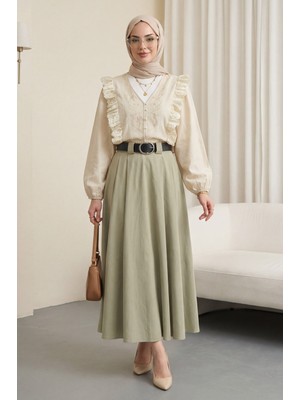 Moda Morfo V Yaka Dantel Detaylı Nakışlı Balon Kol Keten Gömlek -Bej