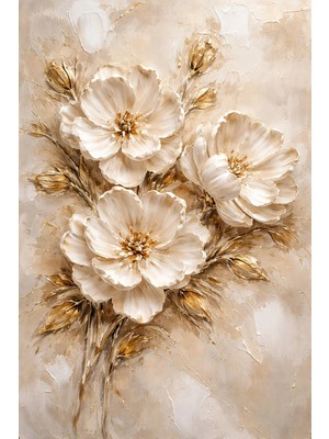 Lona Sanat Kabartma Görünümlü Beyaz Çiçekli Altın Detaylı Dekoratif Tablo – Modern Lüks Salon Duvar Tablosu