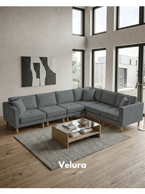 Velura Home & Living Armin Akıllı 6 Modül Köşe Koltuk Takımı & Modüler Yataklı Köşe Takımı - Kadife - Koyu Gri