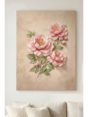 Lona Sanat Kabartma Görünümlü Pudra Pembe Çiçek Kanvas Tablo – 3D Etkili Modern Duvar Dekoru
