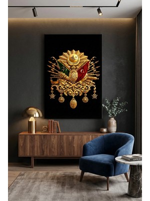 Lona Sanat Osmanlı Devlet ve Tuğra Arması Altın Varak Görünümlü Siyah Zemin Dekoratif Kanvas Tablo