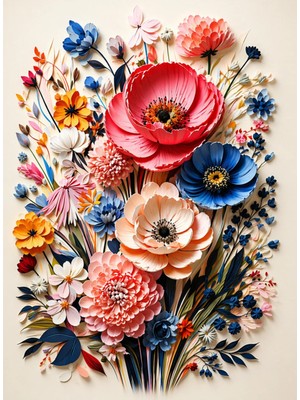 Lona Sanat Kabartma Görünümlü Renkli Çiçek Kanvas Tablo | 3D Etkili Modern Floral Duvar Tablosu | Çerçevesiz Premium Baskı