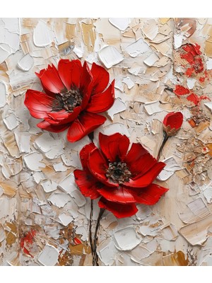 Lona Sanat Kabartma Görünümlü Kırmızı Çiçek Tablo – 3D Efektli Modern Kanvas Tablo