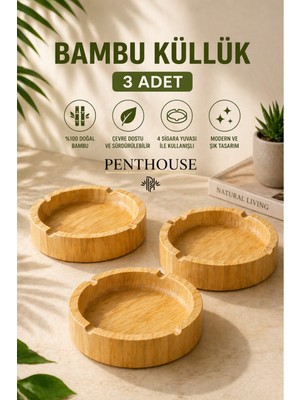 Penthouse Yuvarlak Doğal Bambu Küllük 4 Yuvalı Dayanıklı ve Şık Masaüstü Küllük 9,5 cm