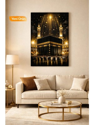 Lona Sanat Kabe Tablosu Altın Işık Efektli – Islami Dekoratif Kanvas Tablo | Modern Lüks Mekke Manzarası