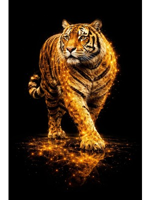 Lona Sanat Gold Kaplan Tablo – Siyah Arka Plan Lüks Kanvas – Modern Duvar Dekoru – Premium Kaplan Tasarım