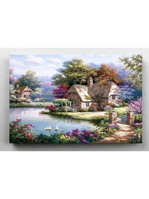 Lona Sanat Orman Evleri Gölet Kanvas Tablo