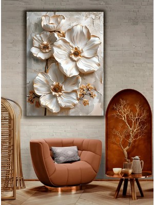 Lona Sanat Krem Beyaz Kabartma Görünümlü Dekoratif Kanvas Tablo Modern Tasarım 60 x 90