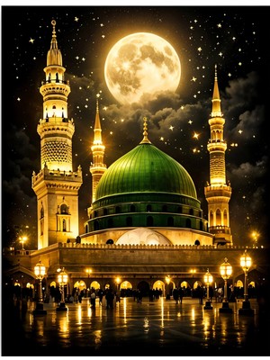 Lona Sanat Mescid-I Nebevi Tablosu – Yeşil Kubbe Altın Işık Efektli | Islami Dekoratif Kanvas Tablo