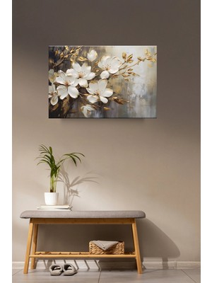 Lona Sanat Gold Dallarda Beyaz Çiçekler Sanatsal Kanvas Tablo Salon Oturma Yatak Odası Ofis Antre 0151