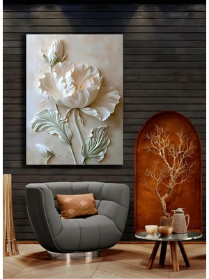 Lona Sanat Kabartma Görünümlü Beyaz Çiçek Dekoratif Tablo