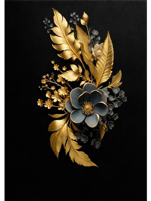 Lona Sanat Siyah Gold Çiçek Tablo – Lüks Modern Kanvas Duvar Tablosu