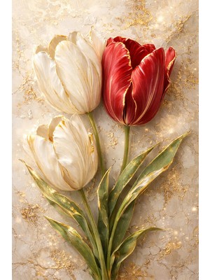 Lona Sanat 👉 Kabartma Görünümlü Kırmızı Lale Tablo – Modern Duvar Dekoru Salon Tablosu