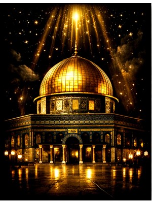 Lona Sanat Kudus Kubbetül Sahra Tablosu – Altın Işık Efektli Kudüs Manzarası | Islami Dekoratif Kanvas Tablo