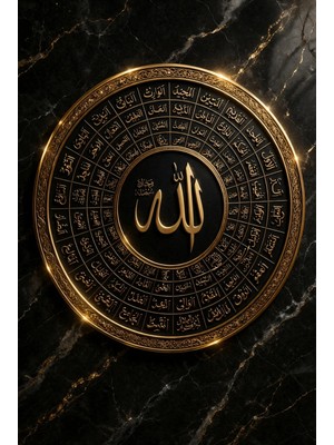 Lona Sanat Allah Yazılı Esmaül Hüsna Tablo Siyah Gold Mermer Desenli Islami Duvar Tablosu Lüks Kanvas
