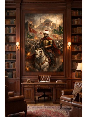 Lona Sanat Fatih Sultan Mehmet Istanbul’un Fethi Tablosu – At Üzerinde Ayasofya Temalı Kanvas Duvar Dekoru