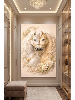 Lona Sanat Kabartma Görünümlü Çift At Tablo – Altın Detaylı Dekoratif Kanvas Duvar Tablosu