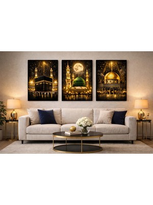 Lona Sanat Altın Işıklı Kabe – Mescid-I Nebevi – Kubbetü’s Sahra 3’lü Tablo Seti | Premium Islami Duvar Dekoru