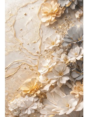 Lona Sanat Gold Floral 3D Kabartma Görünümlü Dekoratif Tablo | Modern Bej & Altın Çiçekli Duvar Tablosu |
