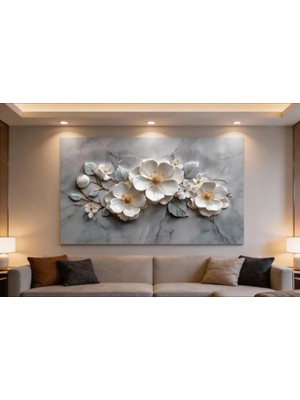 Lona Sanat Krem-Beyaz Kabartma Görünümlü Dekoratif Kanvas Duvar Tablo