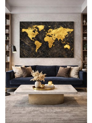 Lona Sanat Altın Dünya Haritası Tablo – Siyah Mermer Desenli Modern Duvar Tablosu