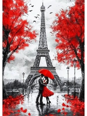 Lona Sanat Paris Aşk Tablosu - Paris Romantik Tablo – Eyfel Kulesi Kırmızı Şemsiye Aşk Temalı Duvar Dekoru