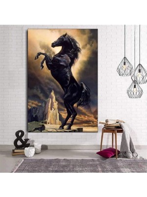 Lona Sanat Yağlı Boya Görünümlü Şaha Kalkmış Siyah At Kanvas Tablo Premium Kalite