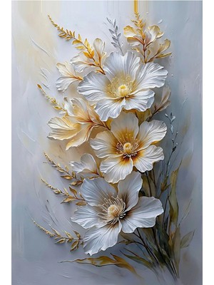 Lona Sanat 👉 Beyaz Gold Çiçek Tablo – 3D Kabartma Efektli Modern Duvar Dekoru