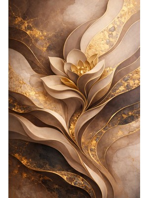 Lona Sanat Kabartma Görünümlü Altın Çiçek Tablosu – 3D Efektli Premium Mermer Dokulu Modern Kanvas Tablo