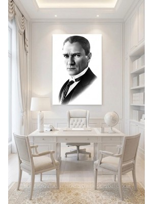 Lona Sanat Siyah Beyaz Atatürk Tablosu Çerçevesiz Duvar Dekoru