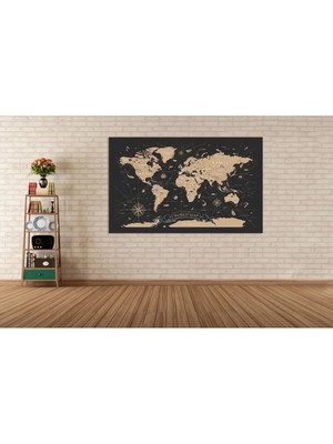 Lona Sanat Dünya Haritası Altın Detaylı Tek Parça Dekoratif Tablo Hd Dijital Baskı Yatay Kanvas Tablo Dekorluk