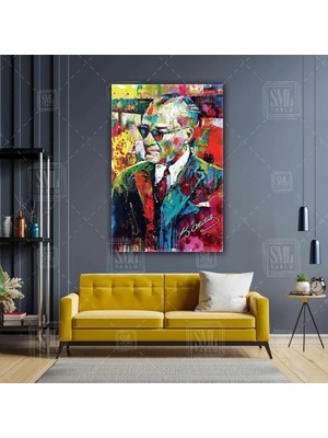 Lona Sanat Yağlı Boya Efektli Mustafa Kemal Atatürk Portresi Karizma Gözlük Soyut Dikey Kanvas Tablo