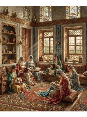 Lona Sanat Osmanlı Kadınları Okuma ve El Sanatları Tablosu – Vintage Oryantal Dekoratif Kanvas Duvar Tablosu