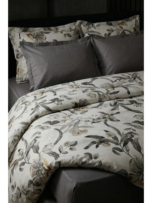 Nesco Gri Çiçek %100 Pamuk 160X200 Tek Kişilik Nevresim Takımı + Lastikli Antrasit Çarşaf + 2 Yastık