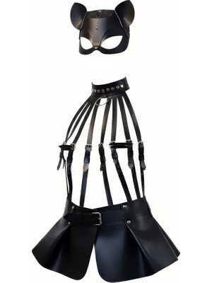 Najmaddin Beruflic Siyah Etek Deri Harness Detaylı Etek Zımbalı Mini Etek - BRF1313 Najmaddin