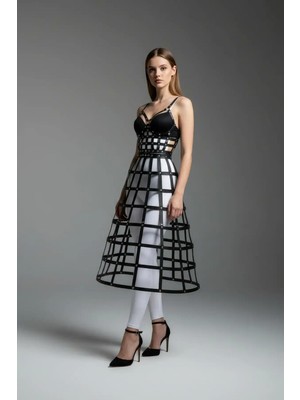 Najmaddin Beruflic Siyah Kadın Etek Suni Deri Etek Kafes Yapılı Midi Boy Deri Etek - BRF1013 Najm