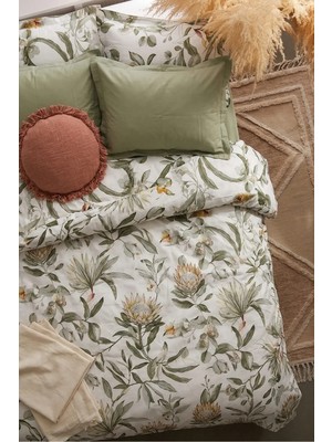 Nesco Yeşil Çiçek %100 Pamuk 160X200 Tek Kişilik Nevresim Takımı + Lastikli Adaçayı Çarşaf + 2 Yastık