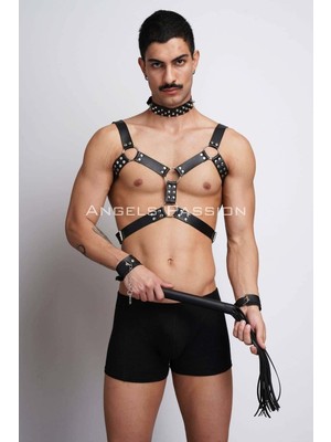 Najmaddin Beruflic Kırbaç ve Çivili Choker Detaylı Erkek  Fantazi Giyim, Deri Erkek  Harness Tak