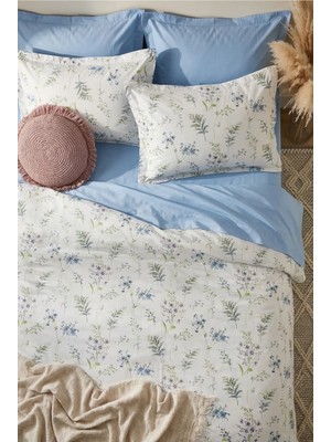 Nesco %100 Pamuk Çift Kişilik Nevresim Takımı 200X220 cm Lastikli Çarşaflı Mavi Çiçek Desenli