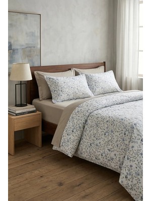 Nesco %100 Pamuk Çift Kişilik Nevresim Takımı 200X220 cm Lastikli Çarşaflı Mavi Çiçek Desenli Bej