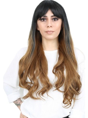 Colezium Kahküllü Uzun Daalı Fiber Sen Peruk / Siyah / Karamel Ombreli