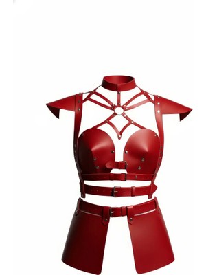 Najmaddin Beruflic Kırmızı Etek Deri Tokalı Zımbalı Kısa Etek - BRF1371 Najmaddin