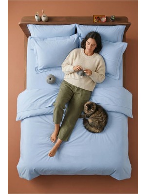 Nesco Açık Mavi Battal Boy %100 Pamuk Nevresim Takımı 220X240 Nevresim 180X200 Çarşaf 4 Yastık Kılıfı