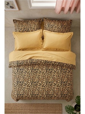 Nesco Çift Kişilik %100 Pamuk Nevresim Takımı 200X220 Leopar Desenli Nevresim + Düz Hardal Çarşaf