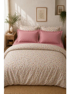 Nesco Krem Çiçek Desenli Pamuk 220X240 Battal Boy Nevresim Takımı + Lastikli Pudra Pembe Çarşaf + 4 Yastık