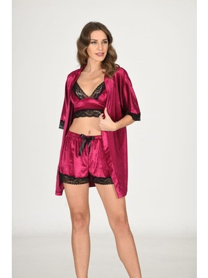 Najmaddin Beruflic Fuşya Kadife Dantelli Sabahlık & Gecelik Takım 3' Lü - 1437 Najmaddin