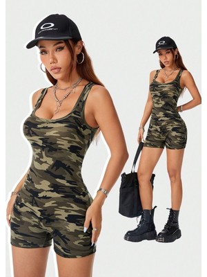 Najmaddin Beruflic Kadın Kamuflaj Desenli Kalın Askılı Şortlu Tulum Gecelik Najmaddin