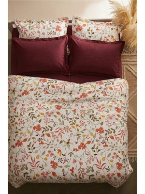 Nesco Mercan Çiçek %100 Pamuk 160X200 Tek Kişilik Nevresim Takımı + Lastikli Bordo Çarşaf + 2 Yastık