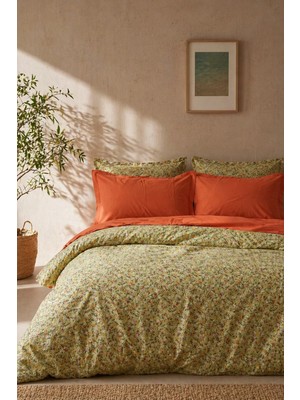 Nesco Yeşil Çiçek %100 Pamuk 220X240 Battal Boy Nevresim Takımı + Lastikli Turuncu Çarşaf + 4 Yastık